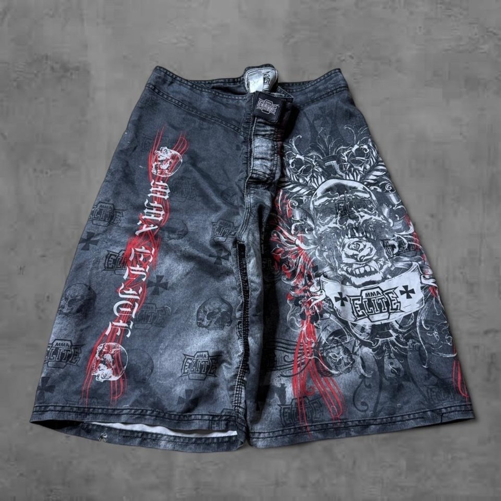 Y2K Vintage 2000s Baggy MMA Elite Skull Graphic Acid Wash Swim Trunk Shorts
